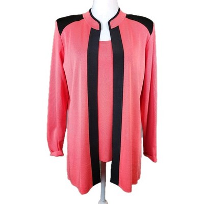 Misook 2 PC Twin Set Womens M Shell Tank Top + Cardigan Pink Coral Black Knit