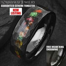 Custom Engraved Black Tungsten Carbide Flower Petals Flowing Sand Band Ring