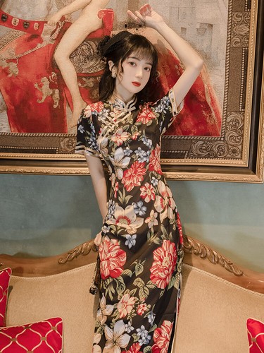 New Luxurious  Cotton Chinese Black Floral Long Dress Cheongsam Qipao lcdress139