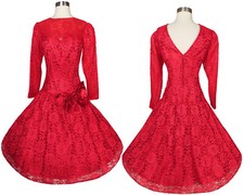 Vintage 80s Red Floral Lace Long Sleeve Bow Drop Waist Prom Dance Party Dress L