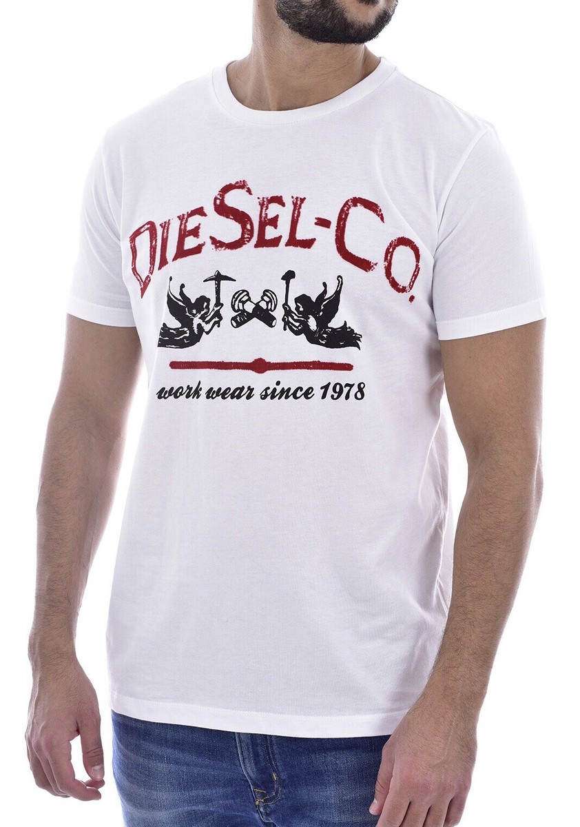 国内発送☆DIESEL☆T-SHIRT/WHITE ビーズロゴプリントTシャツ DIESEL White Crew Neck Diesel-Co Work Wear Logo T-Shirt Top