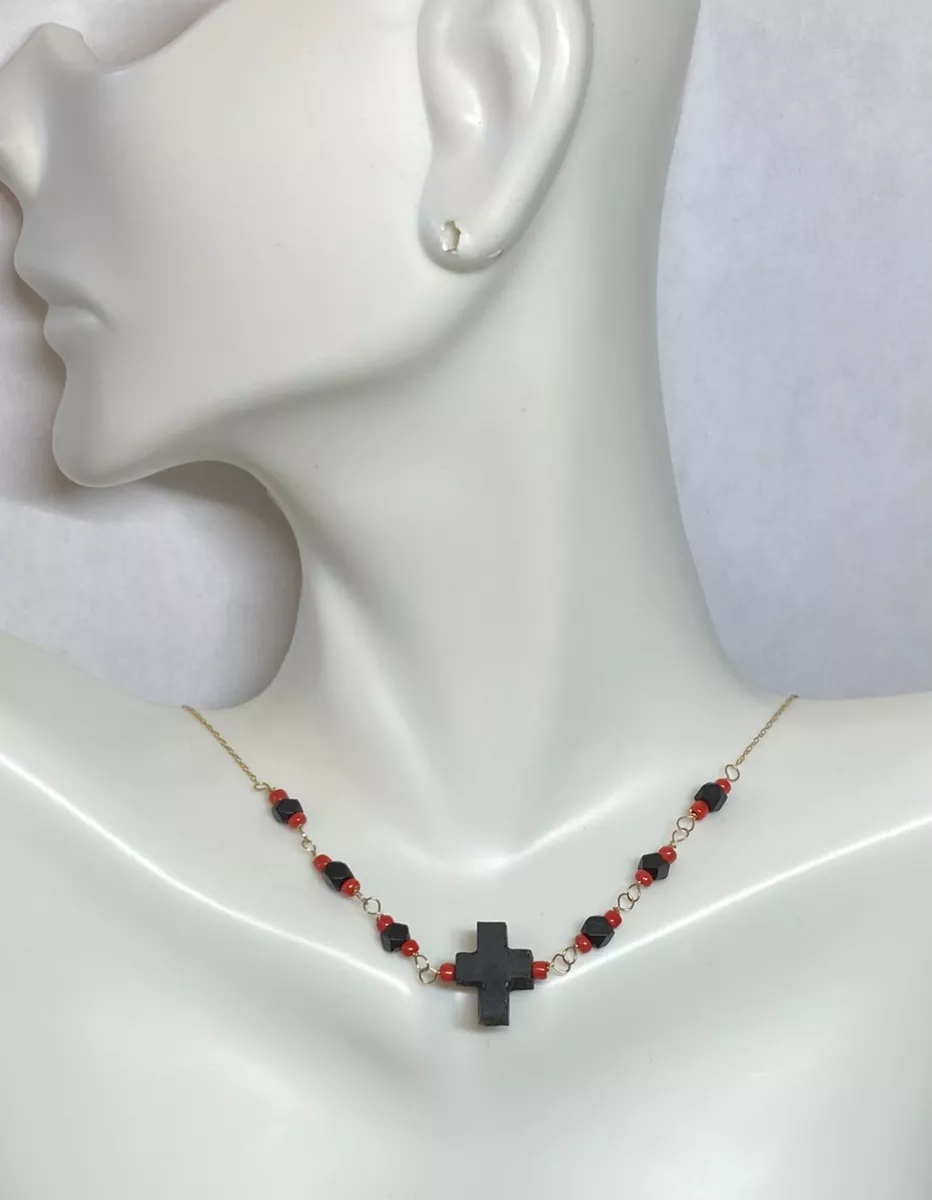 14 Karat Yellow Gold Genuine Azabache Jet Coral w Azabache Cross