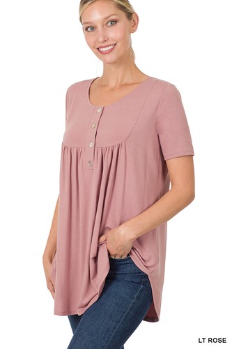 Women's Round Neck Shell Buttons Yoke Shirring Short Sleeve Luxe Rayon Tunic Top - Picture 50 of 56