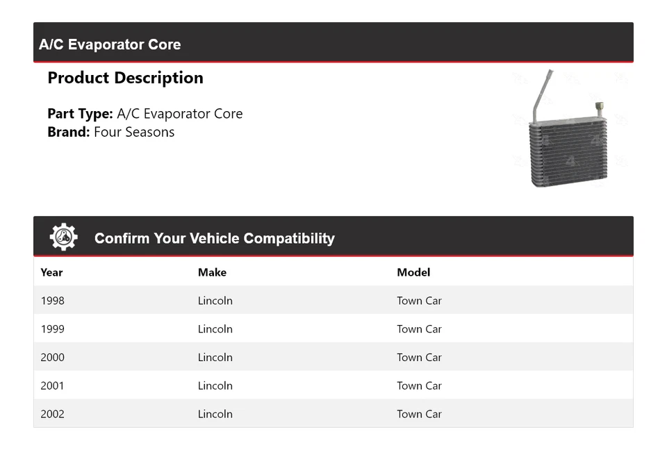 For 1998-2002 Lincoln Town Car A/C Evaporator Core 4 Seasons 1999 2000 2001 - Image 2 of 4