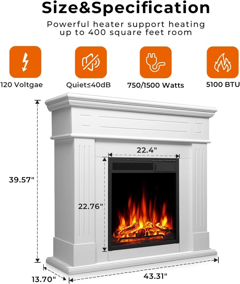43” Electric Fireplace Mantel, Remote , Adjustable Led Flame,PEARLWHITE - Image 2 of 4
