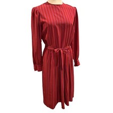 Medium Vintage 1970s Red Micro Print Midi Dress Belted Pleated Pockets