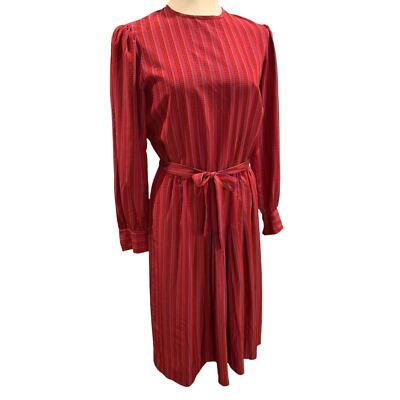 Medium Vintage 1970s Red Micro Print Midi Dress Belted Pleated Pockets