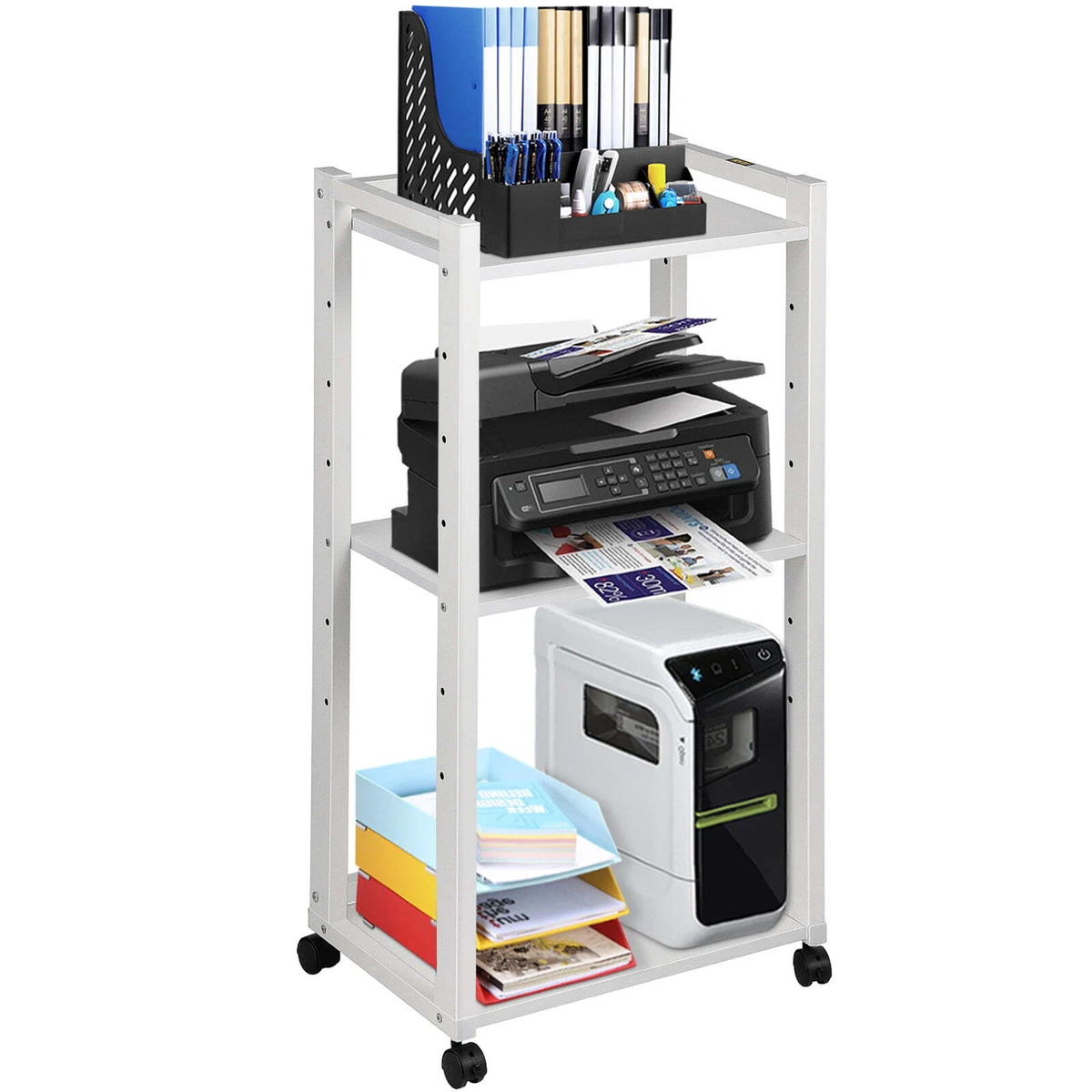 3 Tier Mobile Printer Stand Adjustable Storage Shelf Rack Lockable