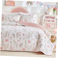 3 Pieces Cotton Quilt Set for Girls, Queen Size Queen-90"x90" Pink N White