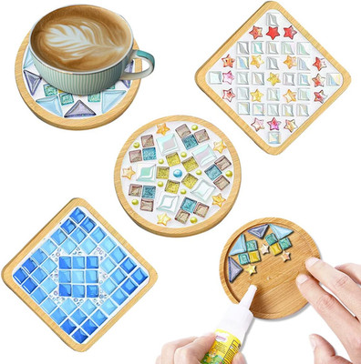 4 Sets DIY Glass Mosaic Tiles for Crafts,Mixed Color Mosaic Kits with Wooden Coa