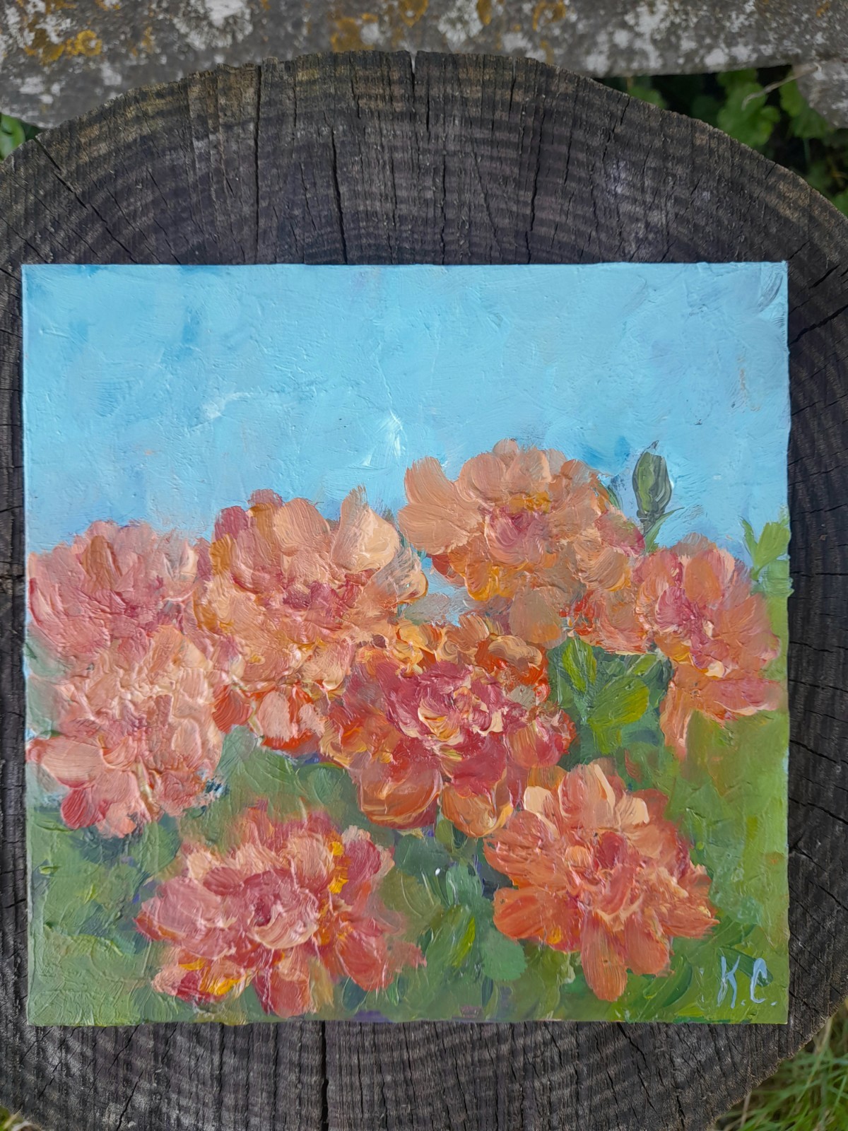 marigold original oil painting, marigold small painting, flower oil painting