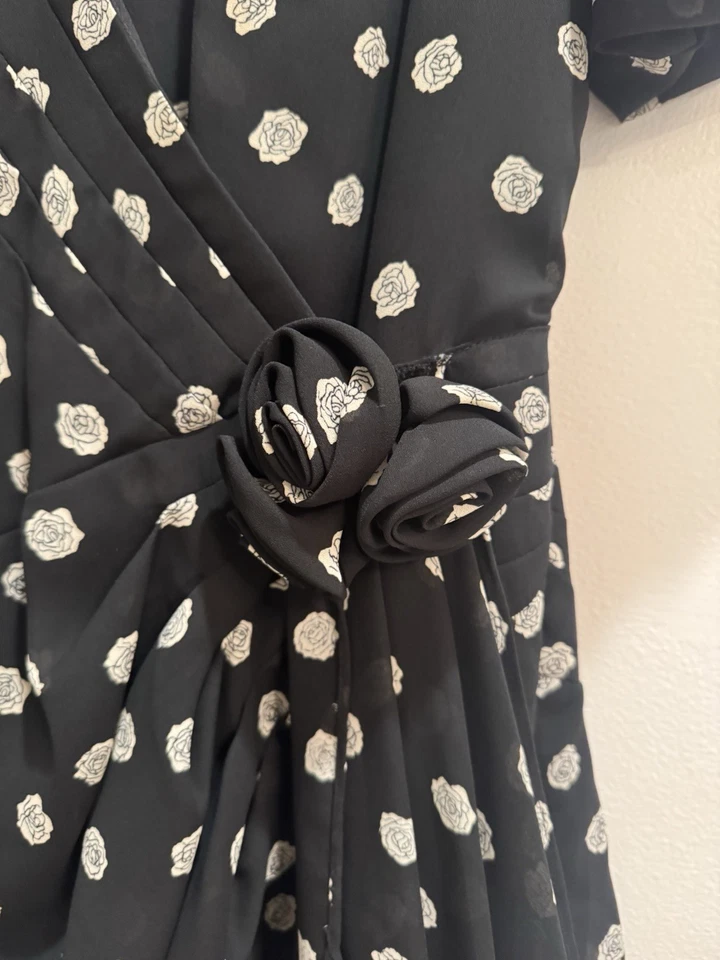 VTG 1980s Liz Roberts Secretary Dress Black+ White Floral Pattern Normcore  - Image 2 of 4