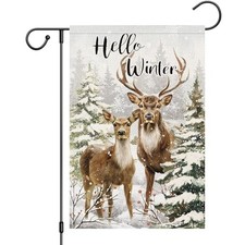 Hello Winter Deer Garden Flag 12x18 Inch Double Sided Burlap, 12" 18" winter