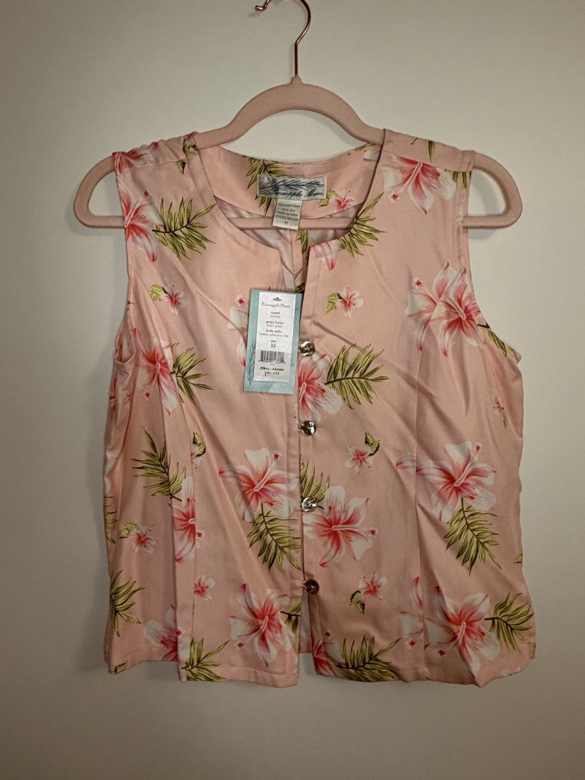 NWT Pineapple Moon 100% Silk Tropical Hibiscus Tank Top M Pink Resort