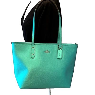 Coach F16224 City Zip Tote Handbag Purse Leather Metallic Sea