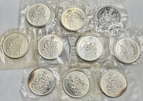Lot of 10 1965 Canada Silver 50 Cents .800 (Prooflike, from Mint Sets)