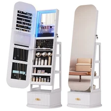 Gurexl 360° Swivel Jewelry Armoires Cabinet with Full Length Mirror & LED Lights