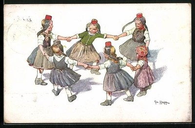 Künstler-AK Jac. Happ: Mädchen in hessischer Tracht drehen sich im Kreise 