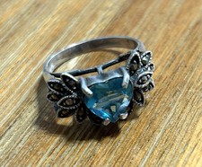 925 Sterling Silver Marcasite Heart Shape Blue Topaz Gemstone Ring Size 8