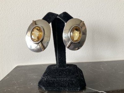 Vintage MKM Sterling 14K Citrin ovale Ohrringe 23g möglich Brosche/Anhänger