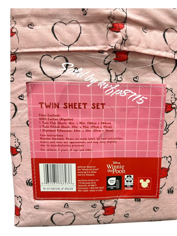 Juego de sábanas gemelas rosa Winnie The Pooh Día de San Valentín 3 piezas nuevo con etiquetas Disney NUEVO CON ETIQUETAS AMOR Foto 4 de 4