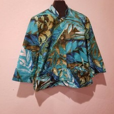 Chico's Women's Size 2 Button Down Mandarin Collar Jacket Tropical Hawaiian Blue