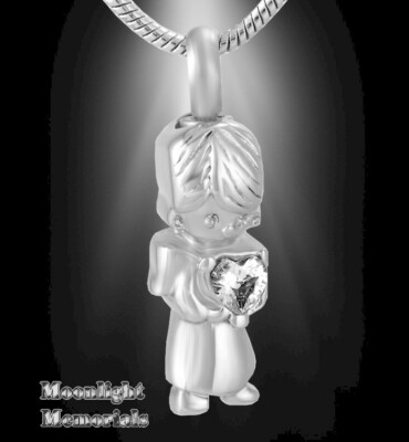 New Child Boy Angel Heart Crystal Urn Cremation Pendant Ashes Memorial Necklace