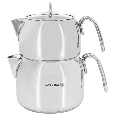 Korkmaz Perla Mega Stainless Steel 1.8 Liter Tea Pot & 3.2 Liter Kettle Set