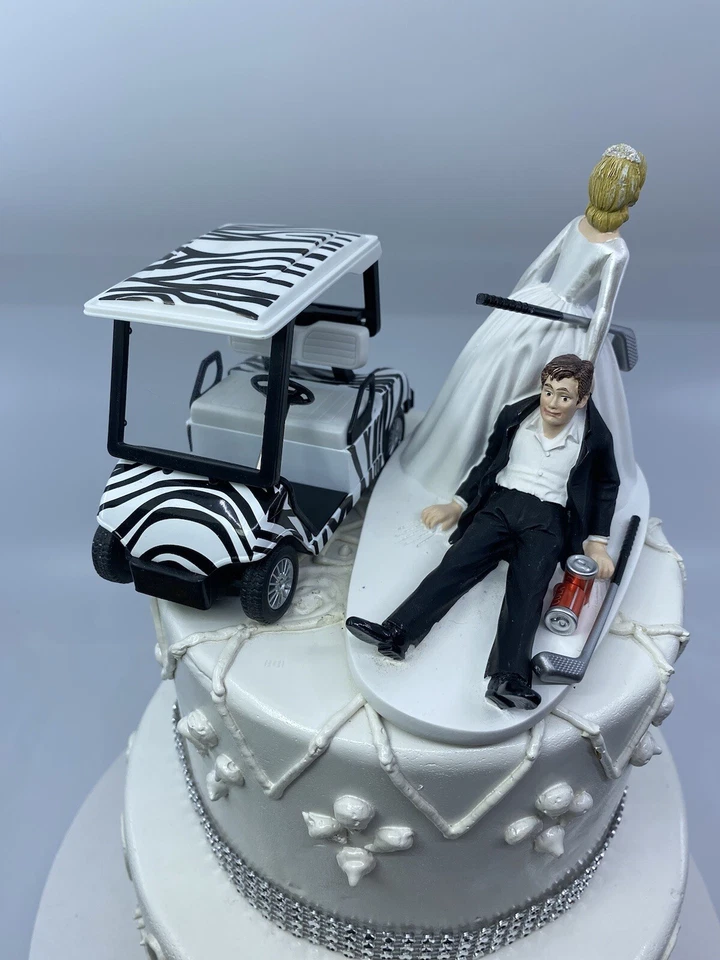 有趣的高尔夫新娘和新郎带斑马高尔夫球车婚礼蛋糕顶饰 — 第 3/4 张图片