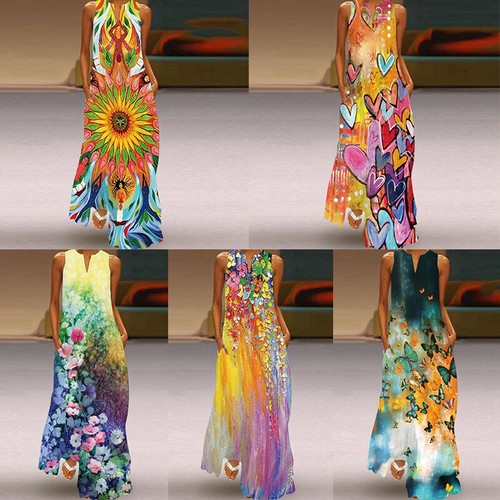 Femmes Boho Floral Maxi Robe Cocktail Party Night Summer Beach Sundress ...
