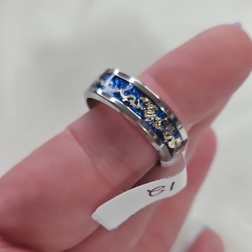 Herren Blau Gold Drache Ring Silber Edelstahl Band Unisex Neu ohne Etikett Größe 12