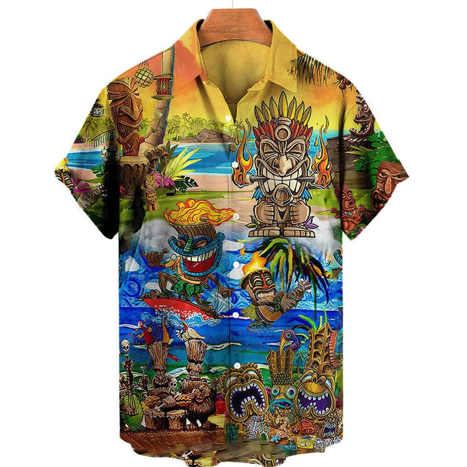 Beachwear Printed Shirt For Men Cartoon Pattern Gray Polyester Fiber Top
