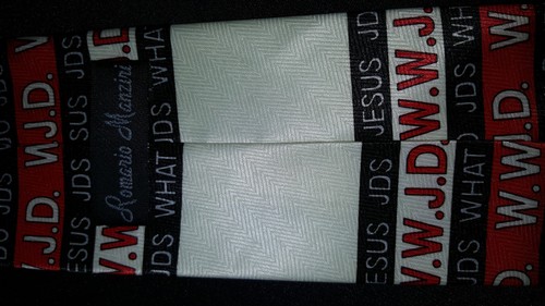 ROMARIO MANZIN WWJD What Would Jesus Do Mens Silk Neck Tie Ivory Black Red MINT - Picture 3 of 3