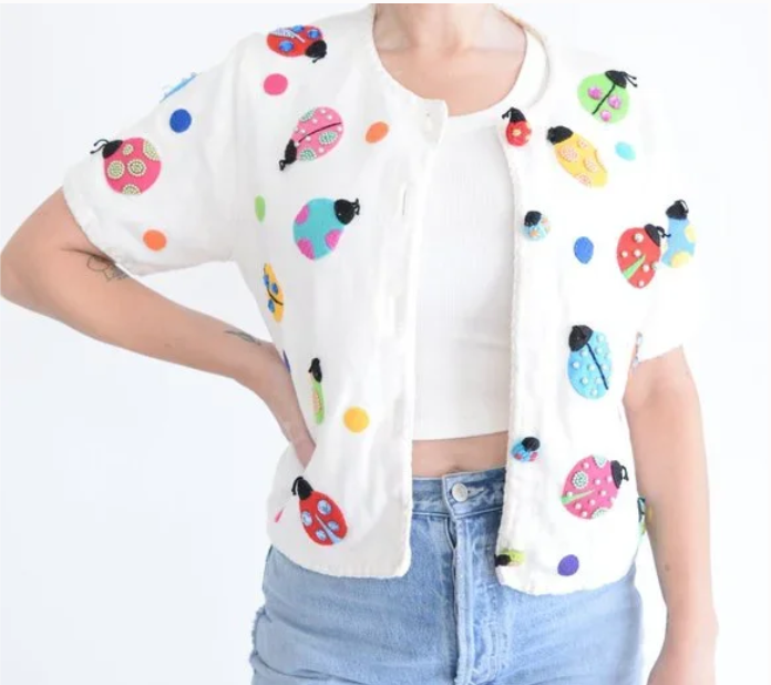 VTG Y2K 1999 Michael Simon Cardigan Sz S Ladybug Embroidered