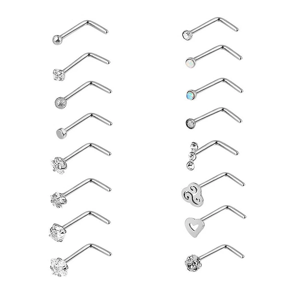 16pcs/lot CZ Surgical Steel Nose Rings L Shaped Stud Body Piercing Jewelry 20G - Image 3 of 4