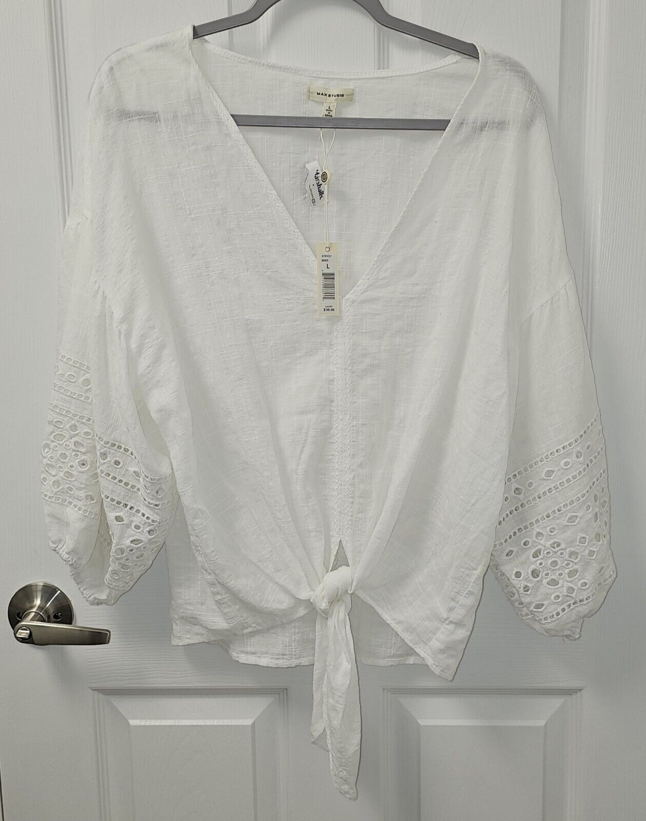 White Max Studio Top Blouse NWT New Peasant Lace Eyelet $98 Large L