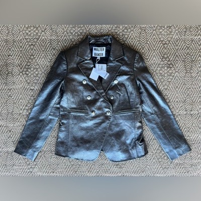 Walter Baker NWT Marley Metallic Lamb Leather Blazer Silver Gunmetal Womens $698