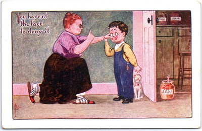 VINTAGE POSTCARD ''YOU HAVEN'T THE FACE TO DENY IT'' BOY SCOLDED JAM JAR c. 1910