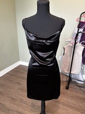 Black Satin Sleeveless Cowl Neck Short Slip Dress Party Summer Regular