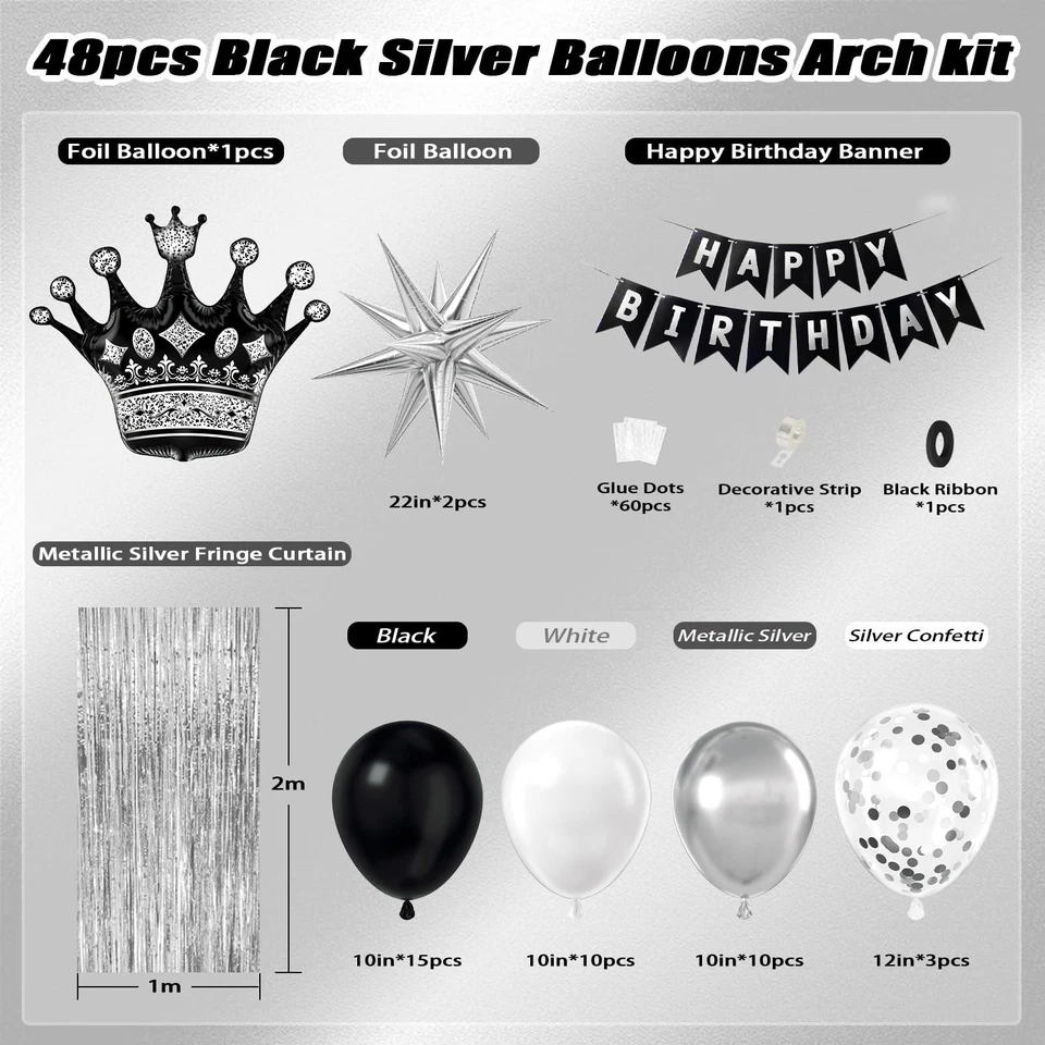Decoraciones de cumpleaños negras para hombre con globos blancos negros y plateados feliz... Foto 2 de 4