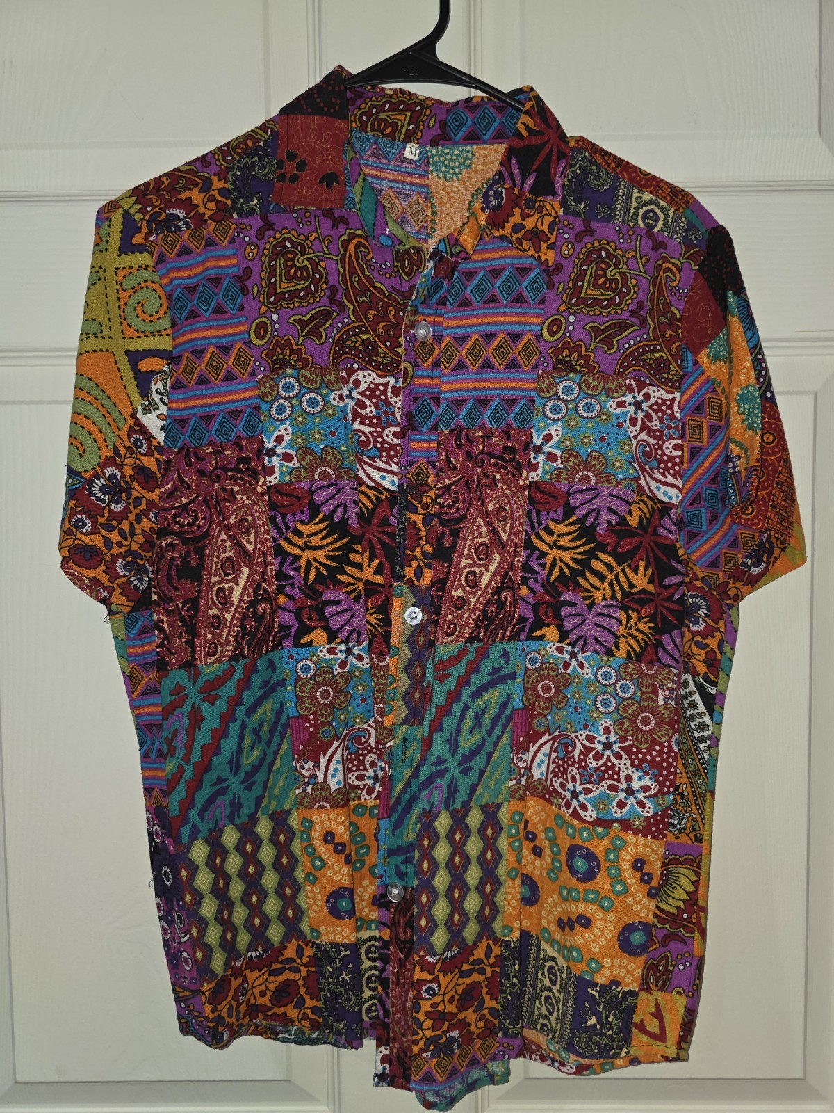 Men's Multicolor Patchwork Cotton Short Sleeve Bu… - image 1