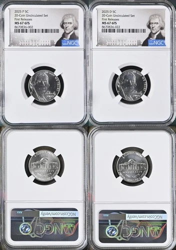 2025 P D Jefferson Nickel 2 Coin Set 5c NGC MS 67 6FS Full Steps FIRST RELEASES