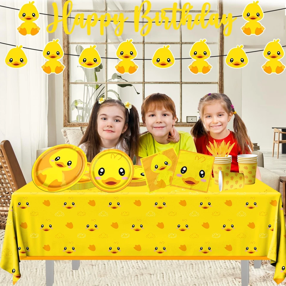 Suministros de fiesta de pato de goma, juego de vajilla de pato de feliz cumpleaños platos de pato Ye... Foto 2 de 4