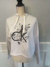 Calvin Klein Jeans Women s Cropped White Sweatshirt Hoodie Glitter Logo Medium