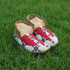 Native American Beaded Powwow Moccasins Red Stripe Multicolor Leather MC630