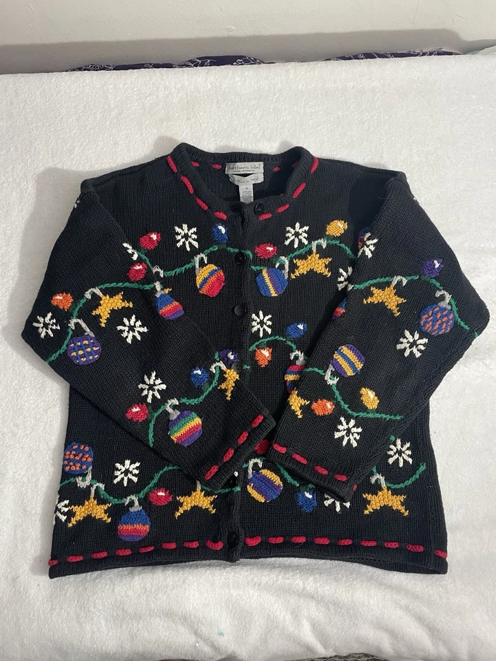 Northern Isles Hand Knit Christmas Cardigan Sweater Black Ornaments Women’s M - Image 4 of 4