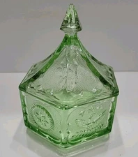 Vtg Indiana Glass Tiara Eagles & Stars Green Hexagon Candy Jar w/Lid lidded dish