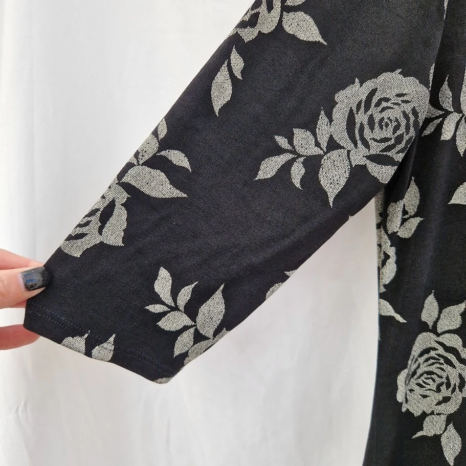 Vintage La Belle Y2K Dress M Black Floral Viscose 3/4 Sleeve Midi Late 90s - Image 3 of 4