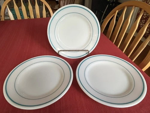 Vintage Pyrex Tableware Corning Milk Glass Aqua Blue Band Dinner Plates Set Of 3
