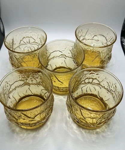 Vintage Anchor Hocking RainFlower Rocks/Low Ball/Juice Glasses Amber (Set of 5)